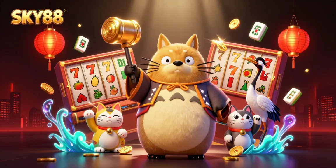 SKY88 offers lucky gameplay with cheerful tanuki and vibrant slot reels in a festive scene.