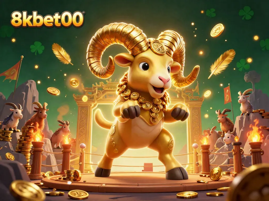 Experience thrilling moments at 8xbet00 with a vibrant golden ram charging through a casino atmosphere.