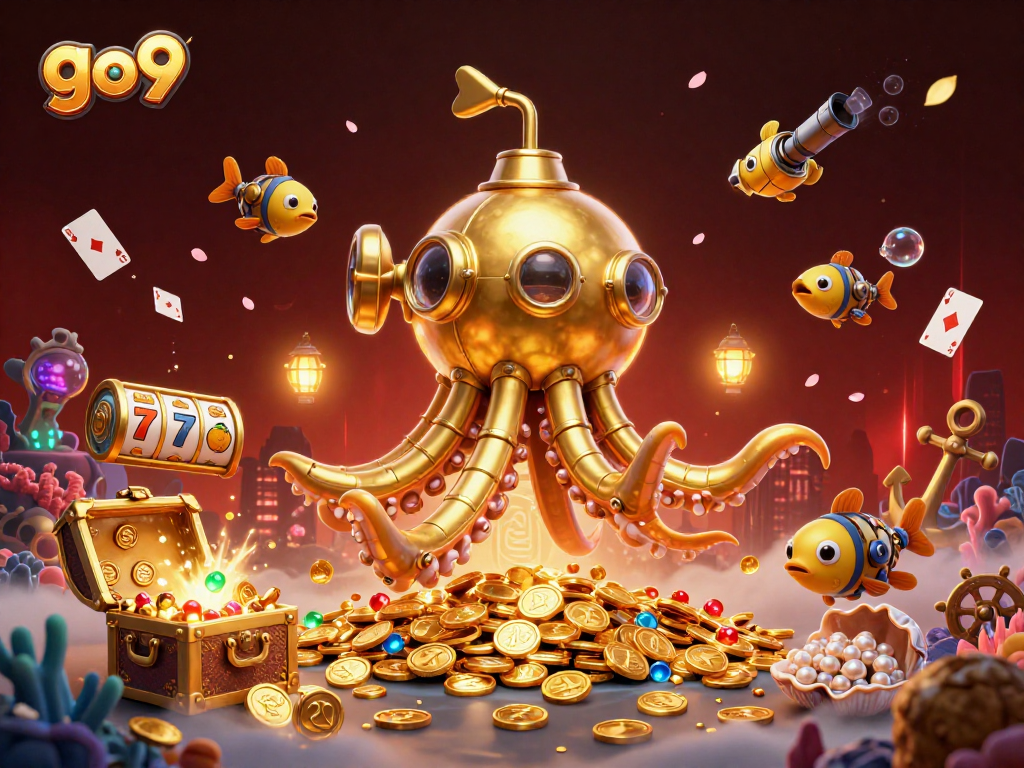Engage with the thrilling go9 casino world featuring a golden kraken submarine and vibrant slot game elements.