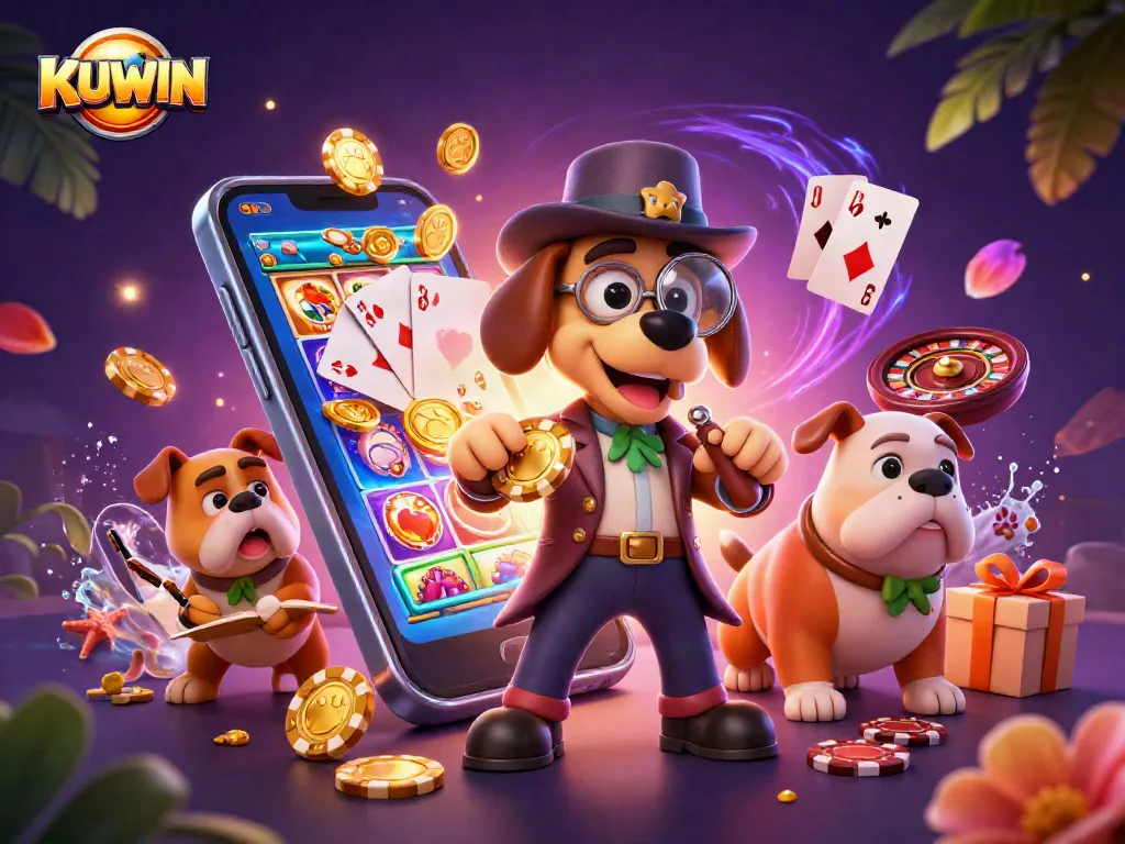KUWIN players winning with exciting golden poker chips and vibrant gaming elements in a stunning 3D scene