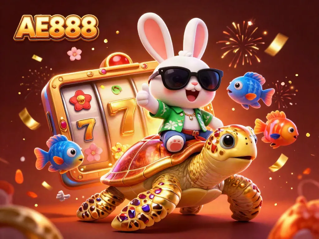 Experience the thrill of AE888 casino with a lucky rabbit and golden turtle illustration.