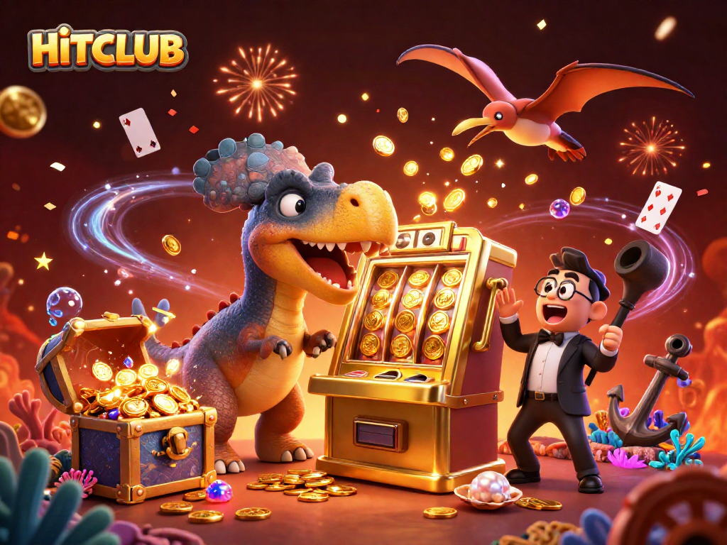 HITCLUB casino illustration showing a pachycephalosaurus headbutting a slot machine for jackpot coins.