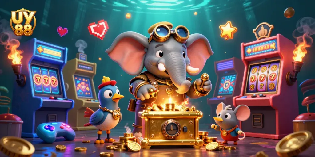 Spin the reels at uy 88 with an engineer elephant and a golden slot machine in a vibrant casino scene.