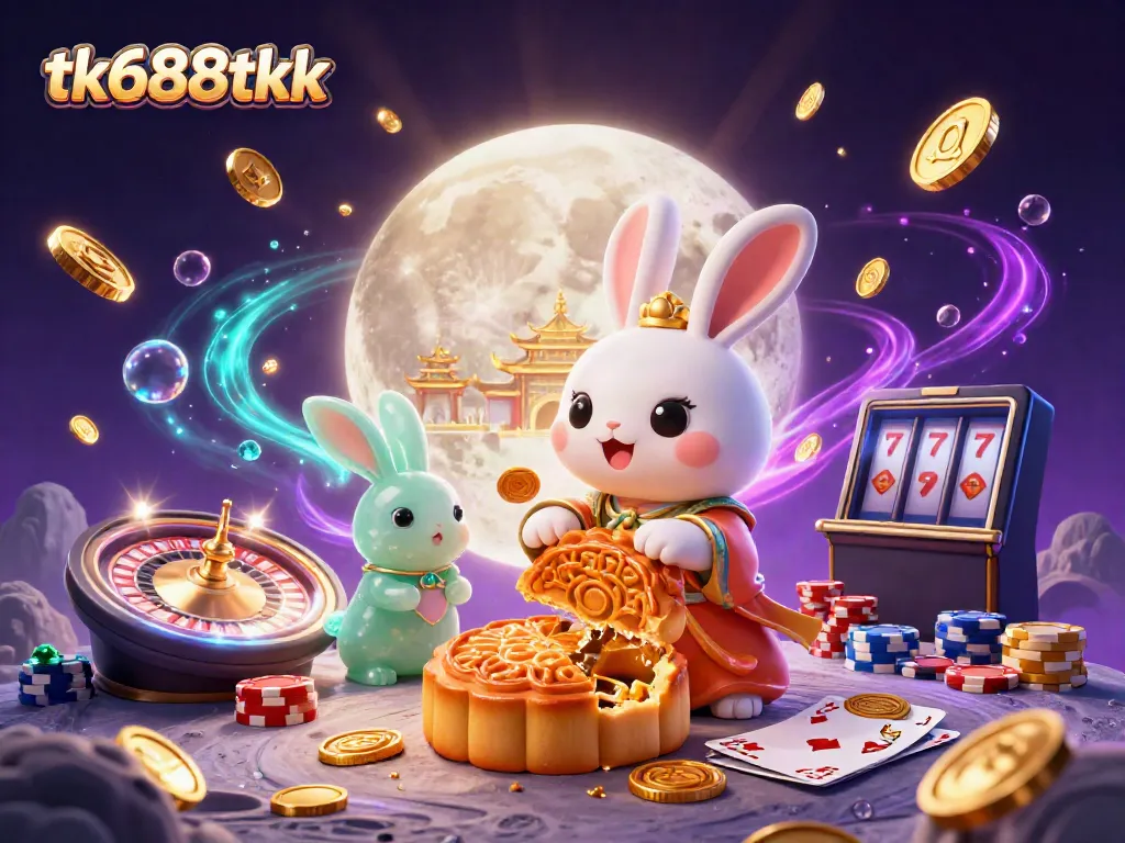 Join the excitement at tk688tkk with a vibrant 3D casino scene featuring a moon rabbit and poker chips.