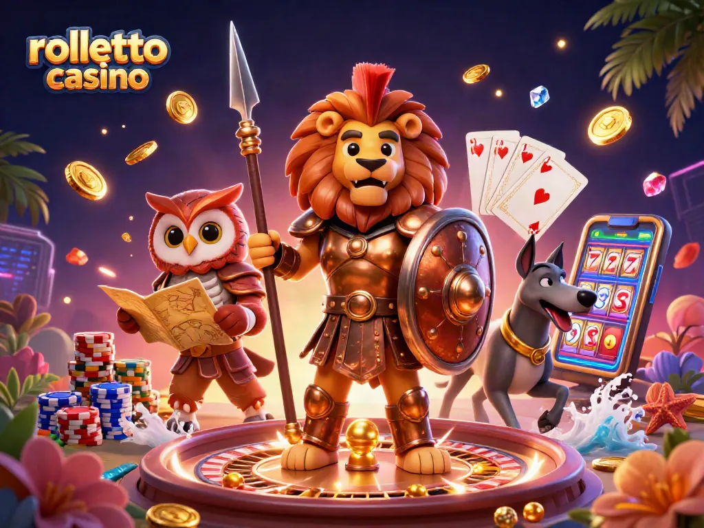 rolletto casino offers thrilling gameplay with immersive 3D characters amidst a dazzling casino scene
