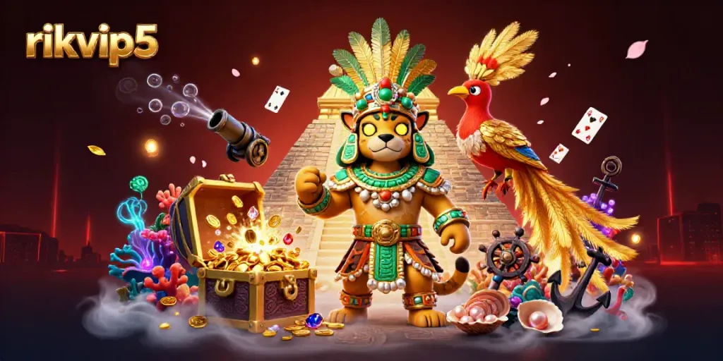rikvip5 showcases an exciting online casino atmosphere with vibrant characters amidst treasure and gaming elements.