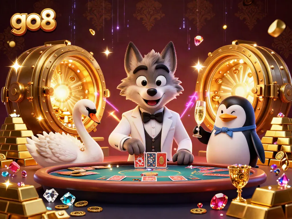 Experience the excitement of go8 with a lavish casino scene featuring a debonair wolf, elegant swan, and sophisticated penguin.