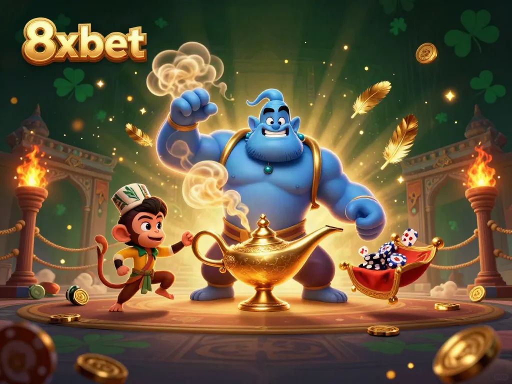 8xbet shines with a dynamic 3D scene of a genie and monkey in a vibrant casino setting.