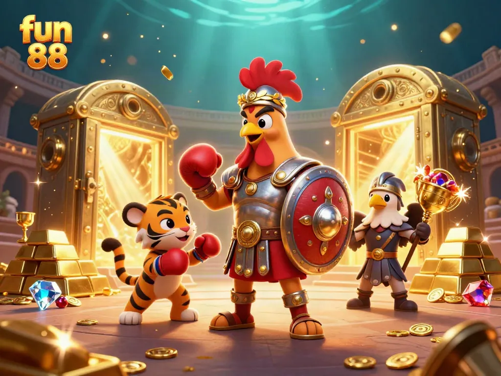 Experience fun 88 excitement with a dynamic 3D illustration of a gladiator rooster in a casino-themed arena.