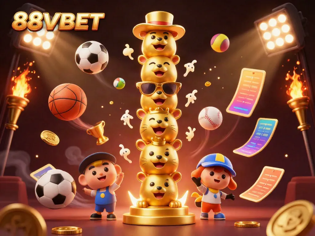 Experience the vibrant world of 88VBET with a dynamic 3D casino illustration depicting animated totem poles and sports elements.