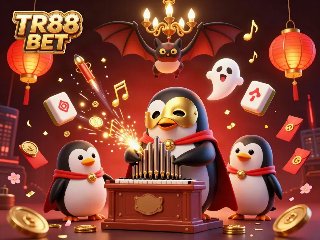 Experience excitement with TR88 BET in a vibrant 3D scene featuring a penguin playing a pipe organ with golden coins.
