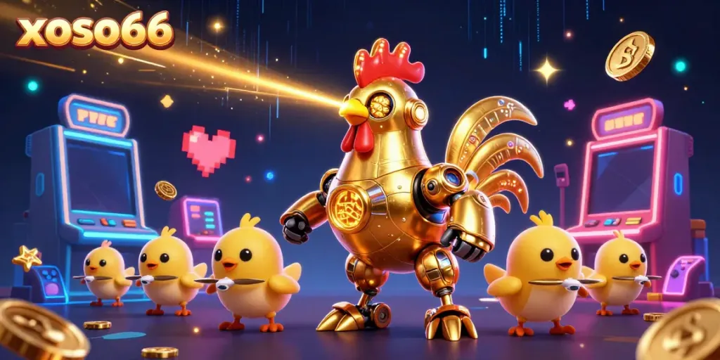 Engage in the excitement of xoso66 with the energetic golden rooster robot and games around them.