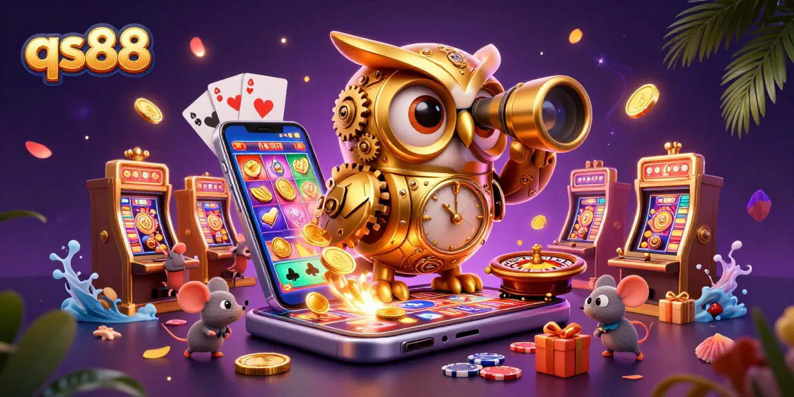 Spin to win at qs88 with a dynamic scene featuring a clockwork owl and vibrant casino elements.
