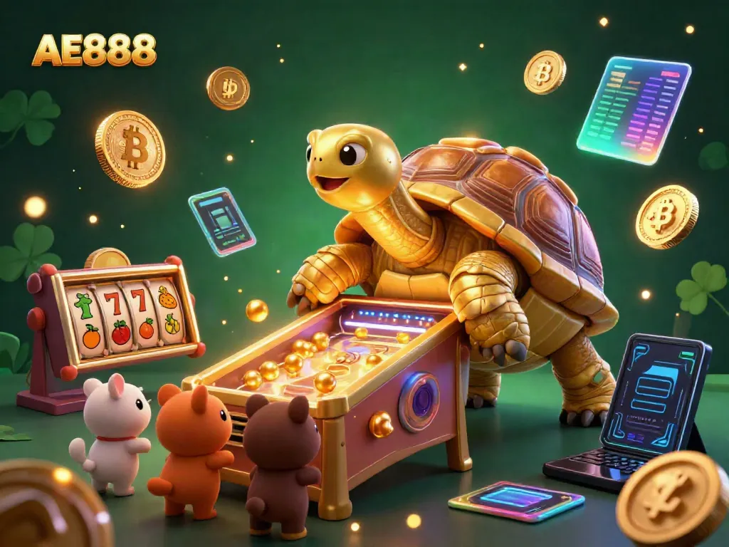 Engage with the thrilling AE888 casino experience featuring a golden tortoise pinball machine.