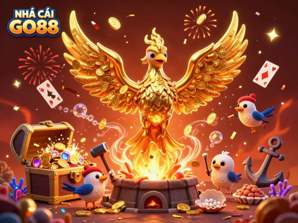 Experience thrilling wins at NHÀ CÁI GO88 with a golden phoenix amidst floating treasures.