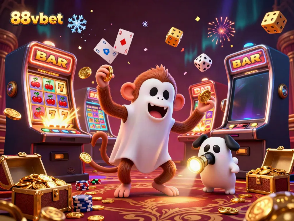 Experience the excitement of 88vbet with a dynamic casino scene featuring a playful ghost monkey and a curious puppy.