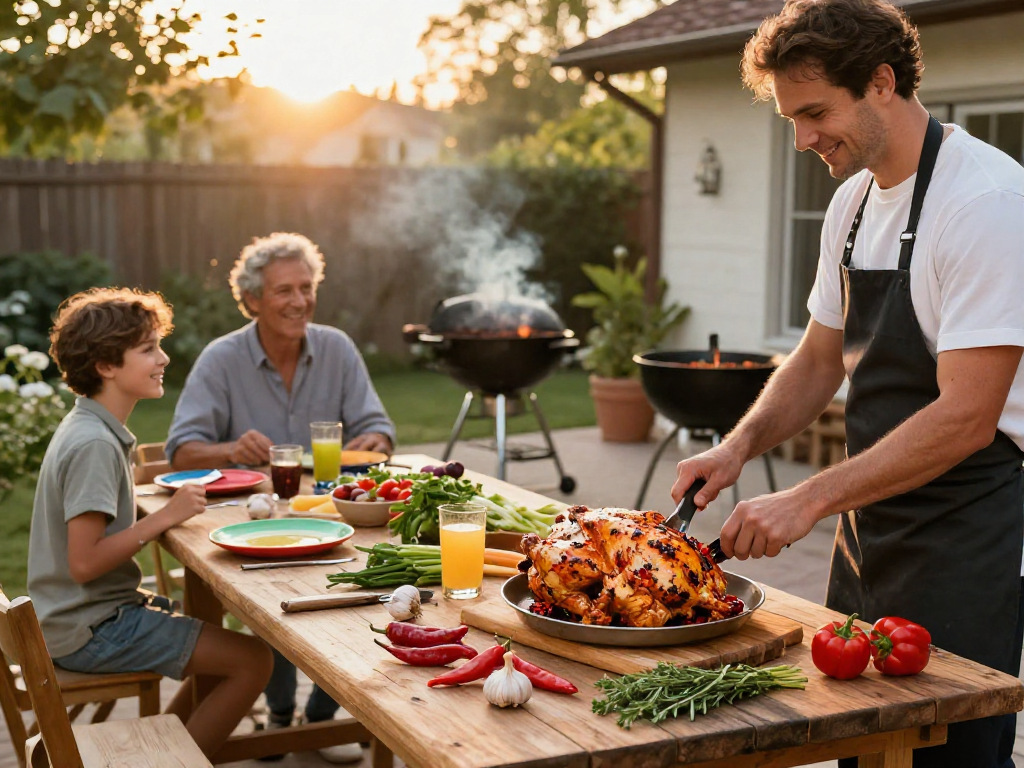 Delicious grilled chicken preparation with rokok88 login flavor, showcasing spices, chilies, and a family gathering ambiance.