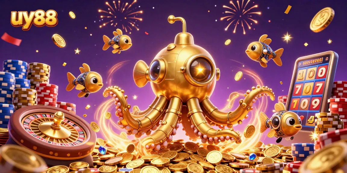 Experience uy88 with colorful poker chips and a vibrant golden kraken submarine illustration.