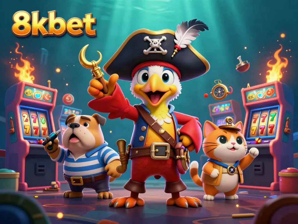 Experience thrilling slots with 8xbet, featuring a vibrant pirate-themed scene and colorful game elements.