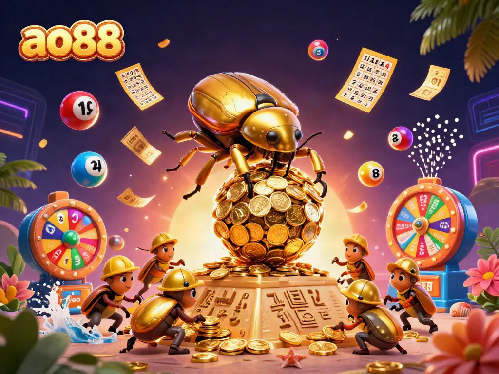 Experience the thrill of ao88 with a golden dung beetle rallying casino-themed lottery excitement!