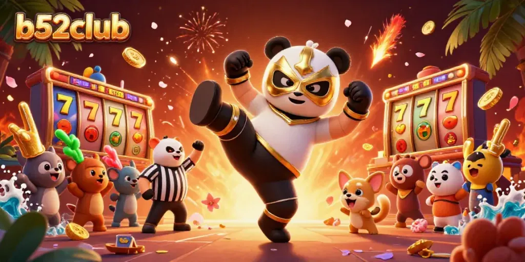 B52Club's exciting crowd with a panda wrestler and 3D slot reels showcasing a thrilling game environment.