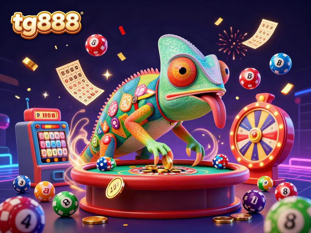 Engaging illustration capturing tg888's vibrant casino experience with a colorful chameleon character and dynamic game elements.