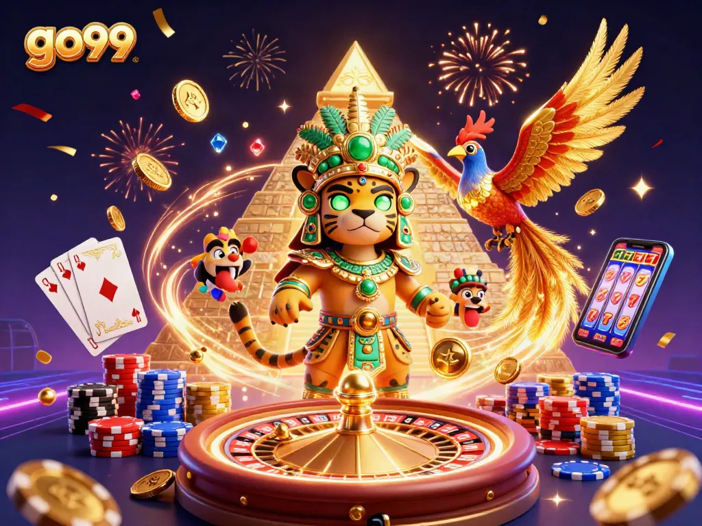Experience excitement with go99 as golden coins and poker chips fly in a lively casino scene.