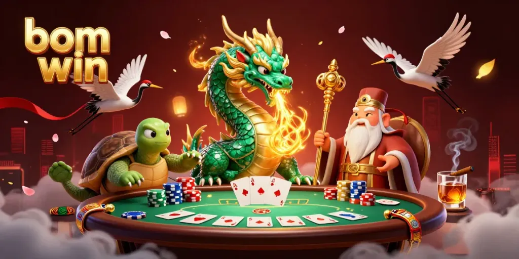 Experience thrilling wins with bom win featuring a jade dragon and iconic poker elements.