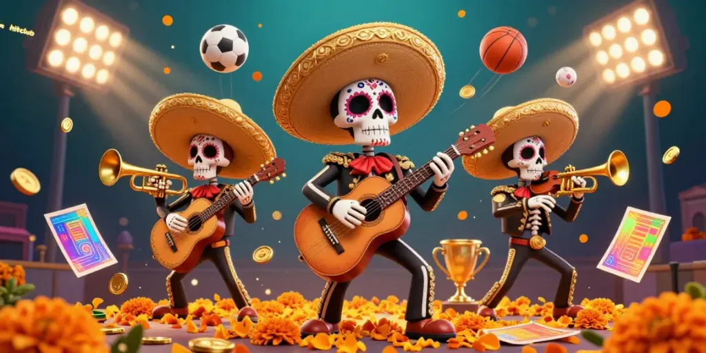 Engage with exciting hitclub casino action featuring mariachi skeletons amidst dynamic sports elements and vibrant gold.