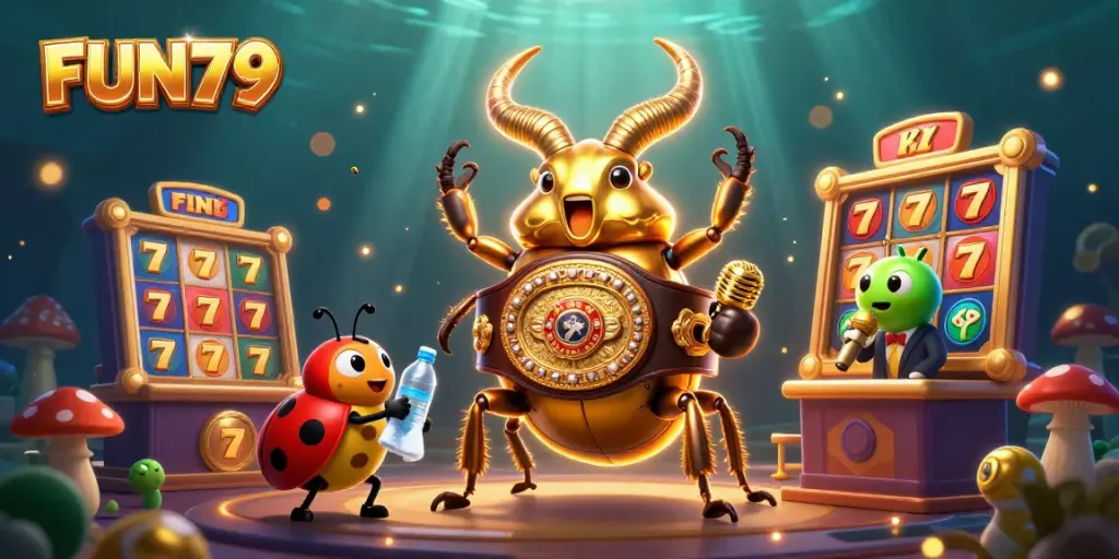 Experience the excitement of FUN79 with a dynamic gaming illustration featuring lively casino elements and colorful characters.