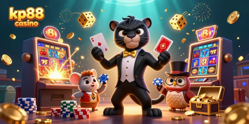 Experience the excitement of kp88 casino with stylish characters amidst vibrant slot machines bursting with treasures.