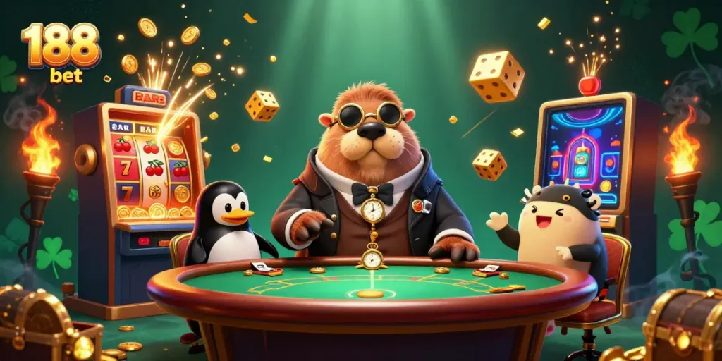 Play exciting games at 188 bet with a jolly walrus, penguin dealer, and bluffing pufferfish.