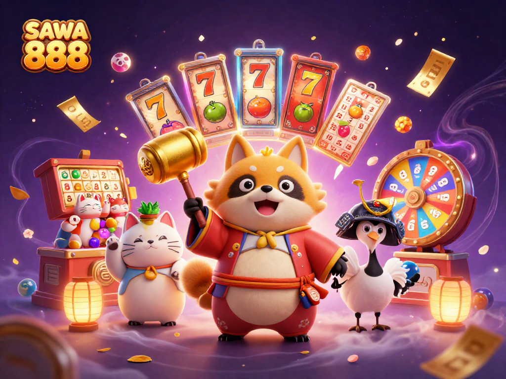 Play and win at SAWA 888 with a cheerful tanuki and lucky symbols in vibrant celebration.
