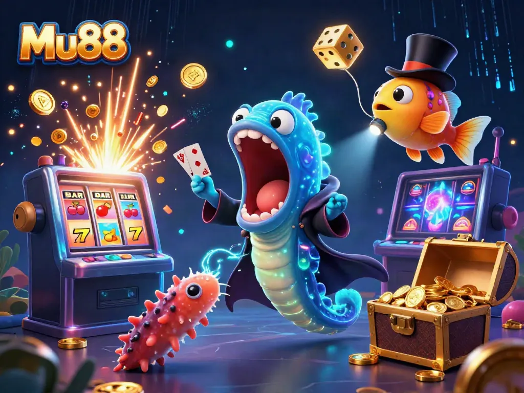 Experience thrilling casino magic with the vibrant Mu88 scene featuring dynamic characters and exciting game elements.