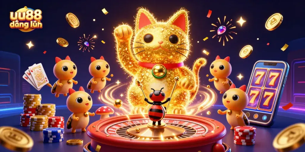 Experience gaming excitement with uu88 đăng nhập as vibrant fireflies and a lucky cat engage in casino fun.