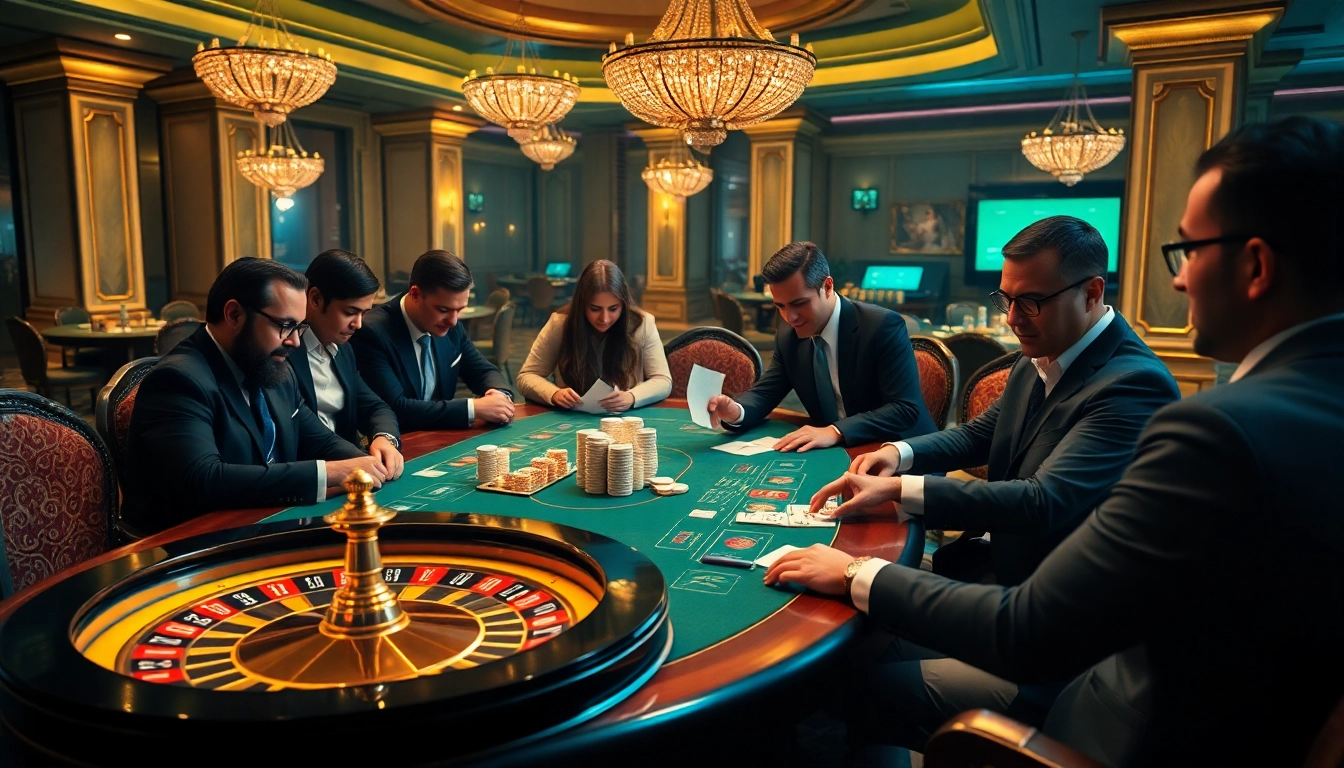 Engaging online gambling scene at https://fun88.social/ featuring vibrant casino tables surrounded by focused players.