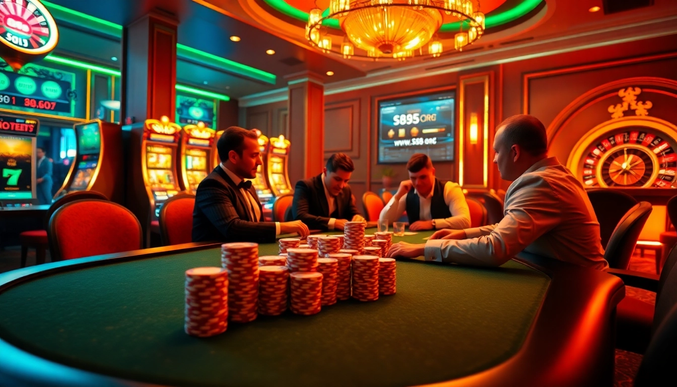 Engaging poker players competing at a luxurious casino table inspired by https://s8s8.org/ amidst a vibrant gambling atmosphere.