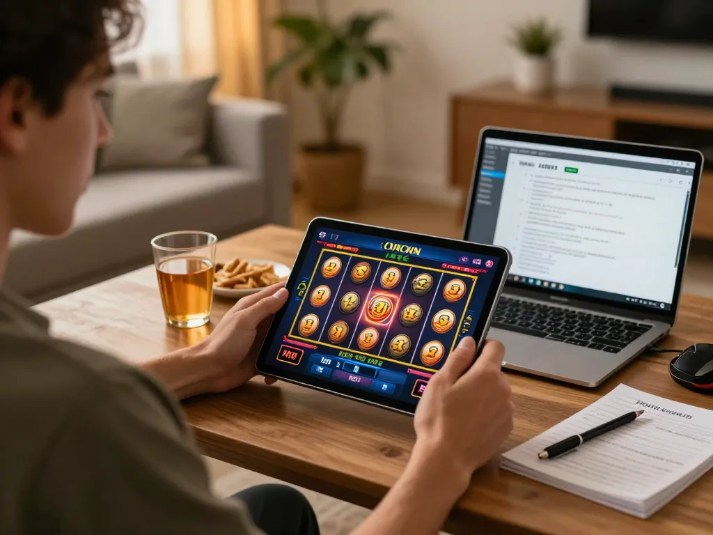 Engaged player on https://shbet.id/ enjoying online slots in a cozy home setting with tablet and strategy notes.