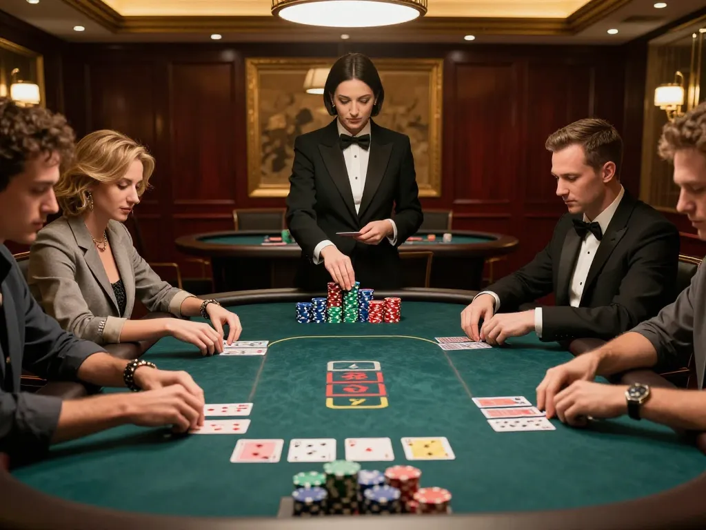 Play nohu poker strategically at an upscale casino table with intense players and chips.