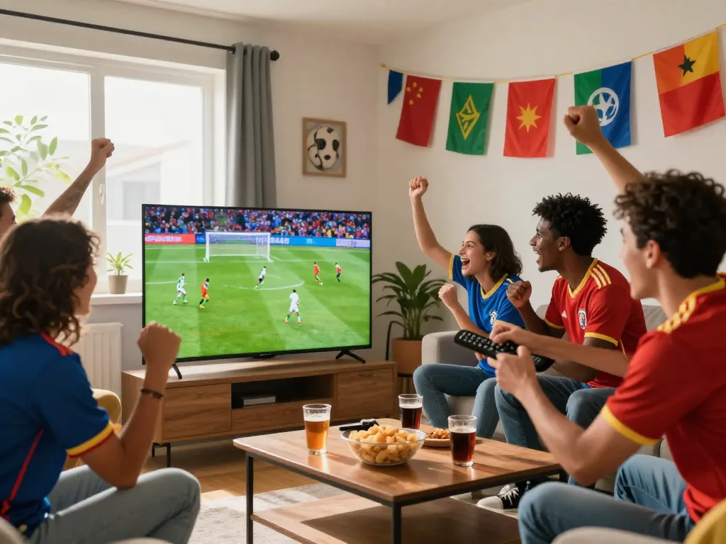 Friends enjoying soccer on Okwintv while celebrating a goal with snacks.