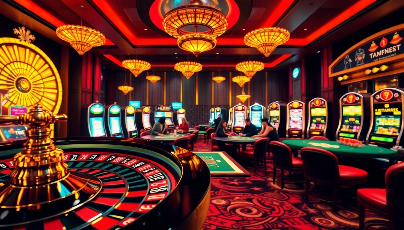Thrilling gameplay at tr88 trang chủ highlighted with casino tables, chips, and vibrant slot machines.