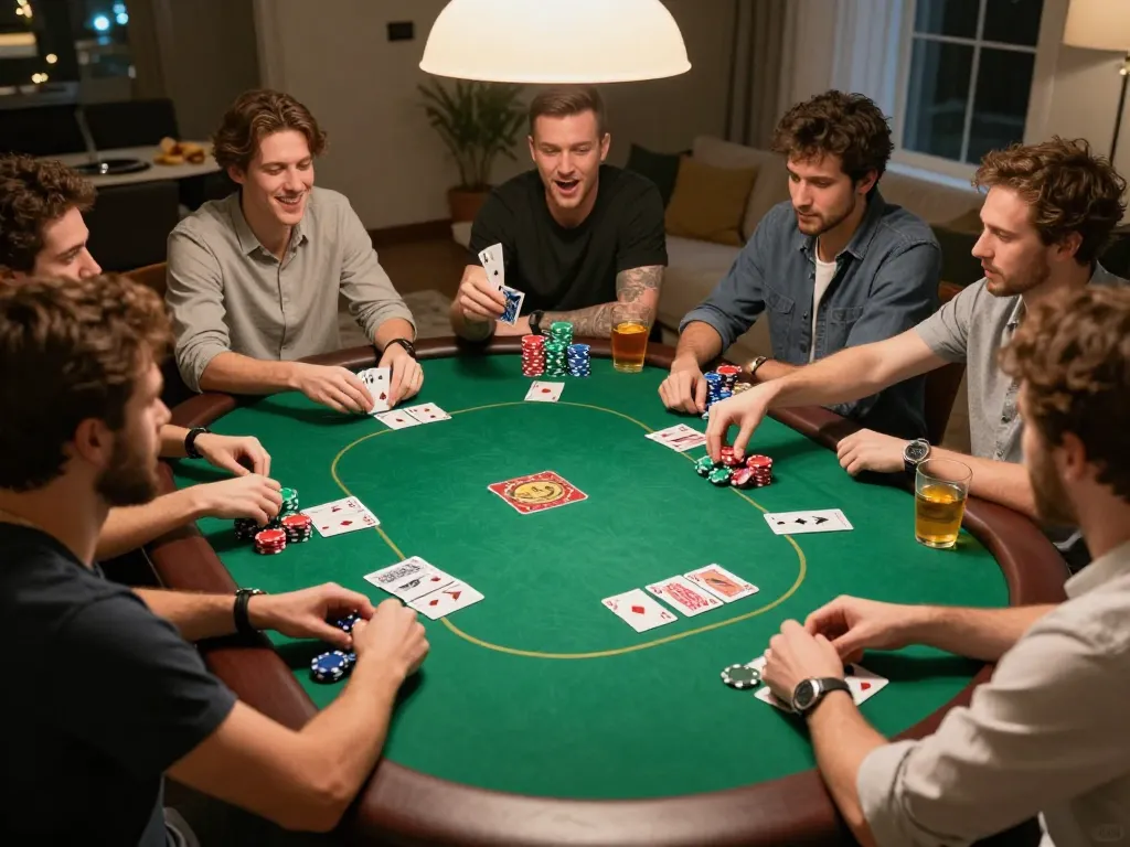 Friends enjoying a lively poker game at home, highlighting the excitement of aa888 gambling strategies in a social setting.