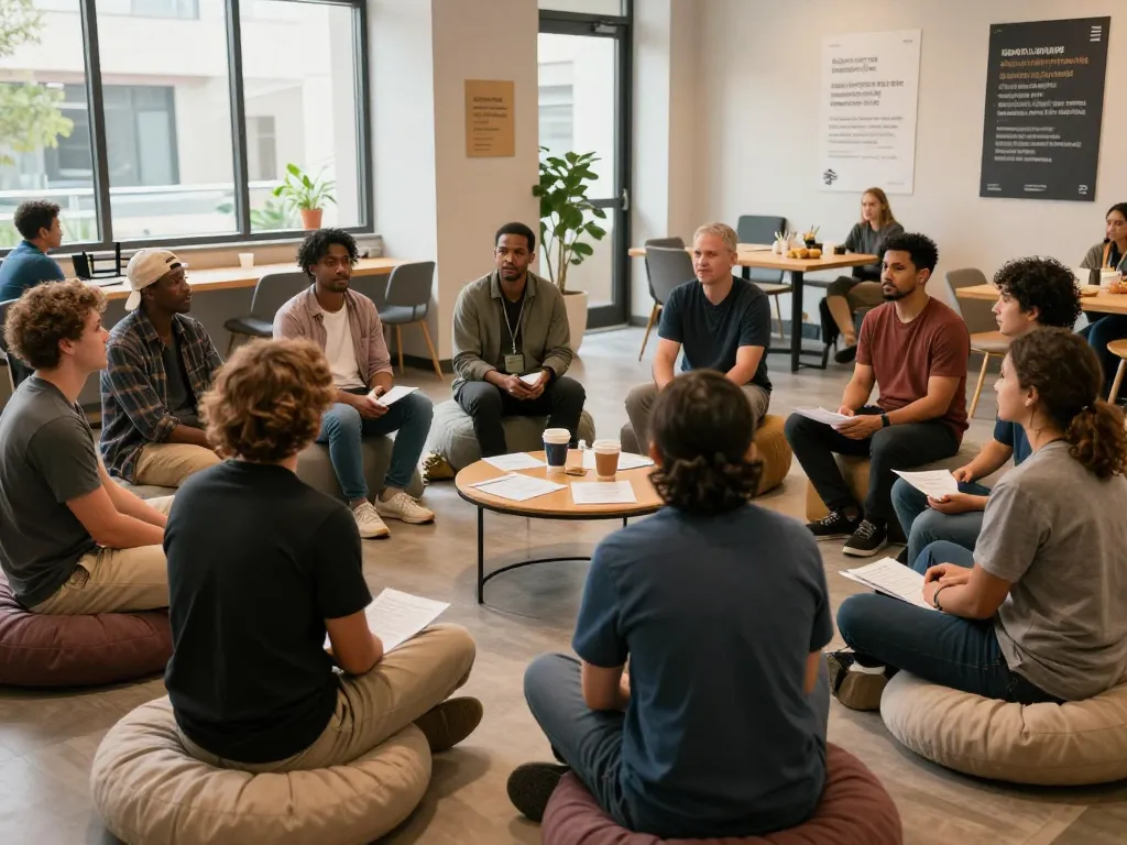 Supportive environment for men at ManClub discussing mental health.