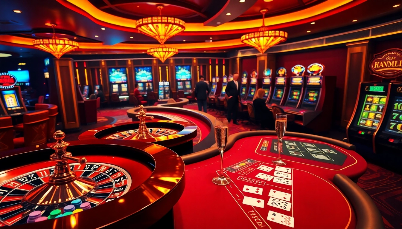 A dynamic gaming scene at https://goal123.work/ showcasing a glamorous casino atmosphere with players engaging in roulette and poker.