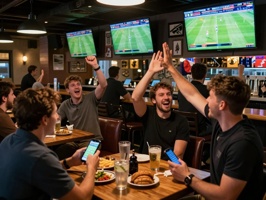 Engaging scene of live Taruhan Bola betting at a bustling sports bar with excited bettors.