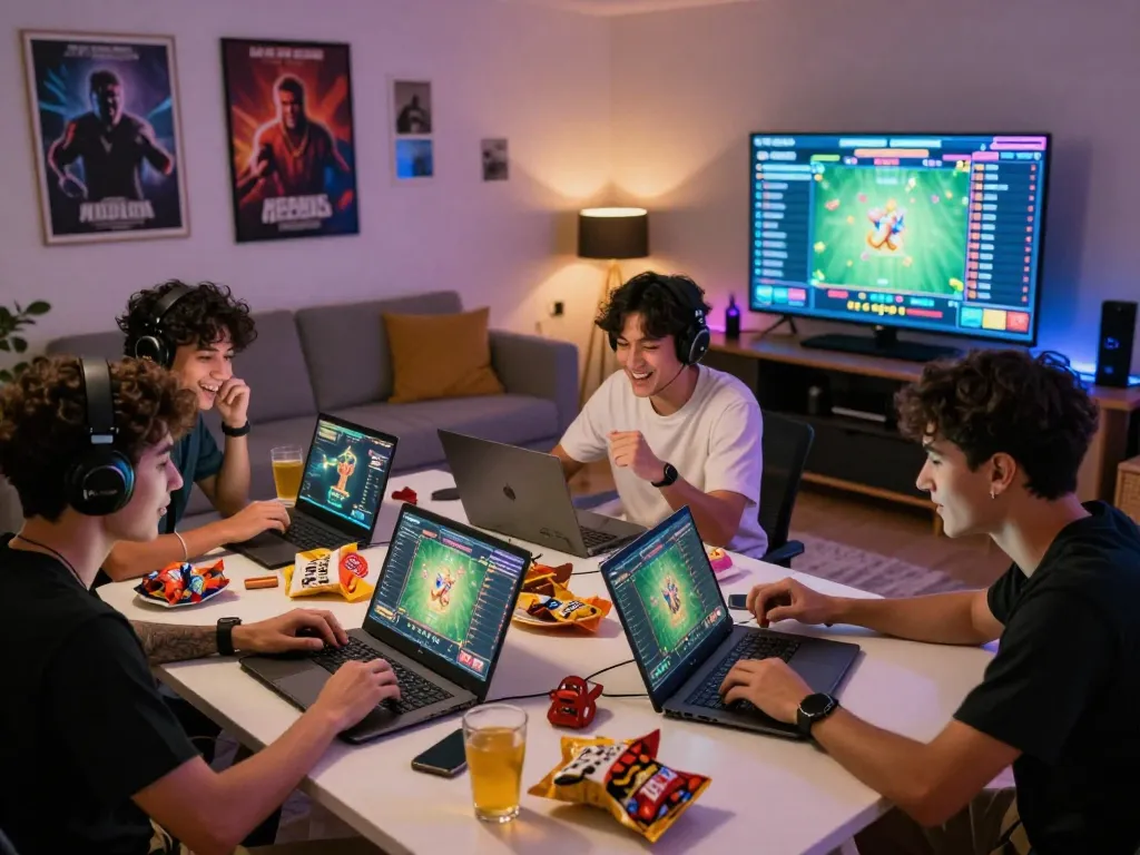 Group having fun playing lô đề online in a vibrant gaming setup.