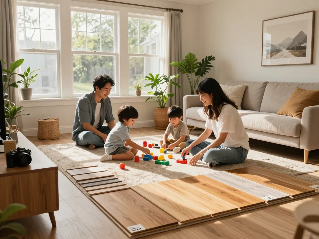 Family enjoying new flooring from Flooring specialists near me in a cozy living room.