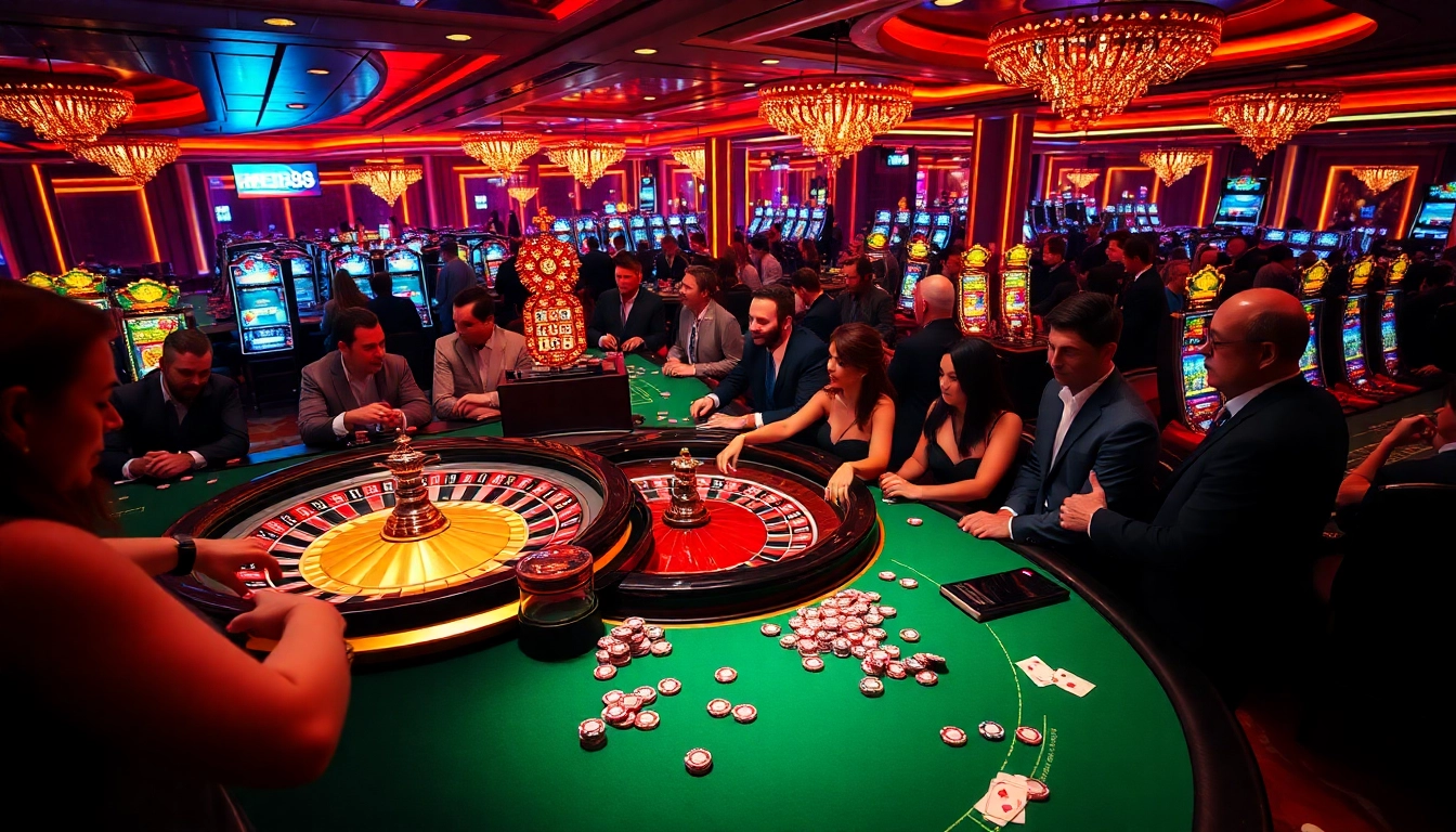 Players enjoying thrilling moments at RED88 casino tables amidst vibrant lights and excitement.