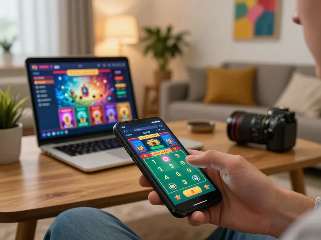 Engaged user playing online casino game on smartphone while comfortably seated at home, showcasing kk44 mobile gaming atmosphere.