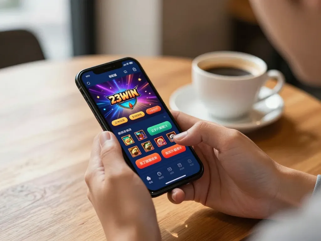 The hands using the 23win app for mobile gaming in a cozy cafe setting
